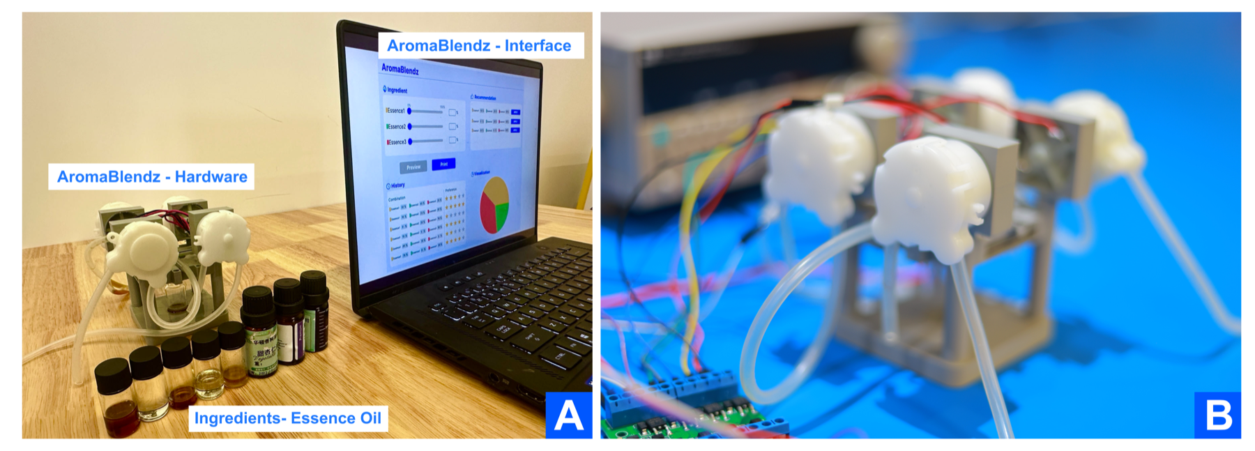 AromaBlendz setup: the blending hardware, a laptop running the AromaBlendz interface, and bottles of essence oils; close-up of the peristaltic pump module