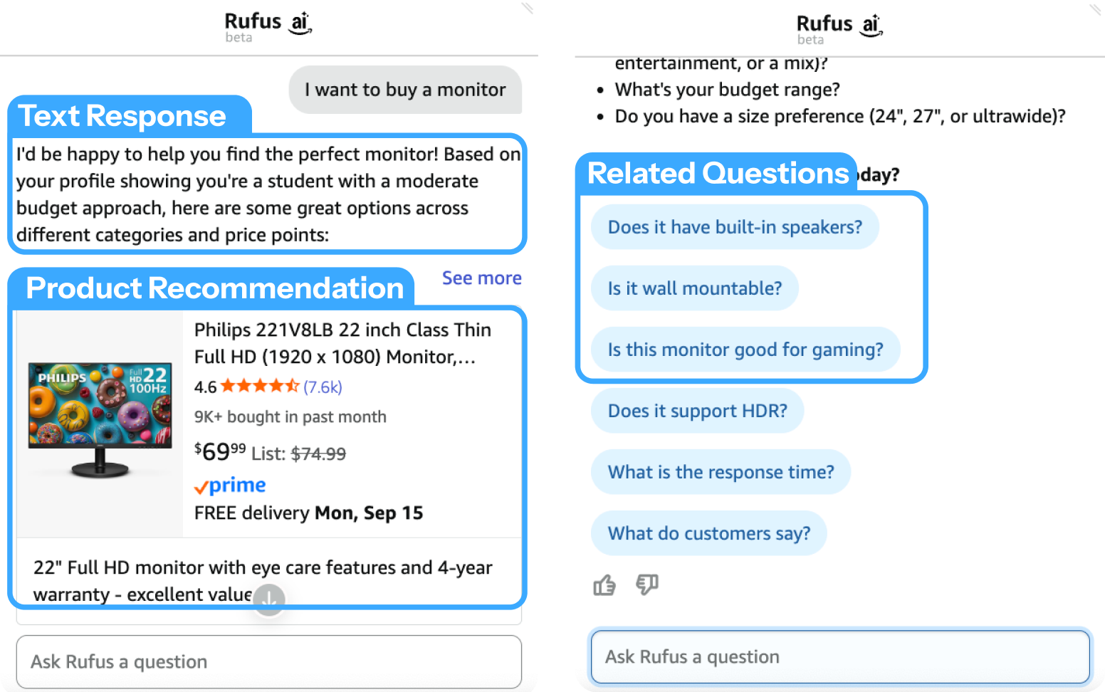 Amazon Rufus answering 'I want to buy a monitor' with a text response, a product recommendation card, and related question suggestions
