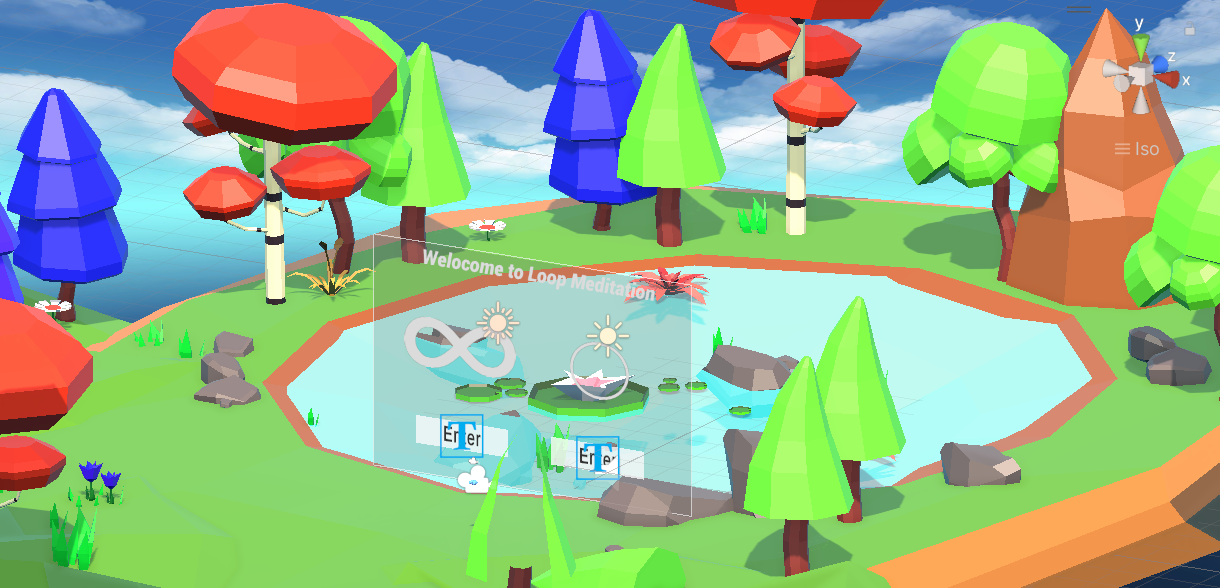 Low-poly lakeside VR scene surrounded by trees, with a welcome panel offering the infinity-loop and ellipse movement modes