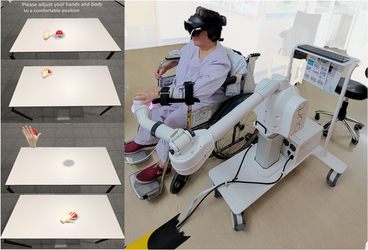 Left: VR scenes of a virtual hand reaching for a red ball on a table. Right: a patient in a wheelchair wearing a VR headset with their arm supported by a rehabilitation robot