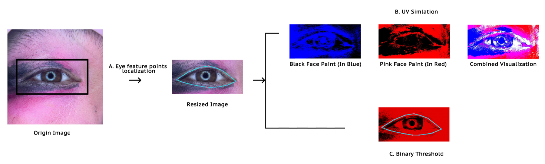 Vision pipeline: the eye is located and cropped, then shown as an HSV-UV simulation with black paint in blue and pink paint in red, and as a binary threshold image